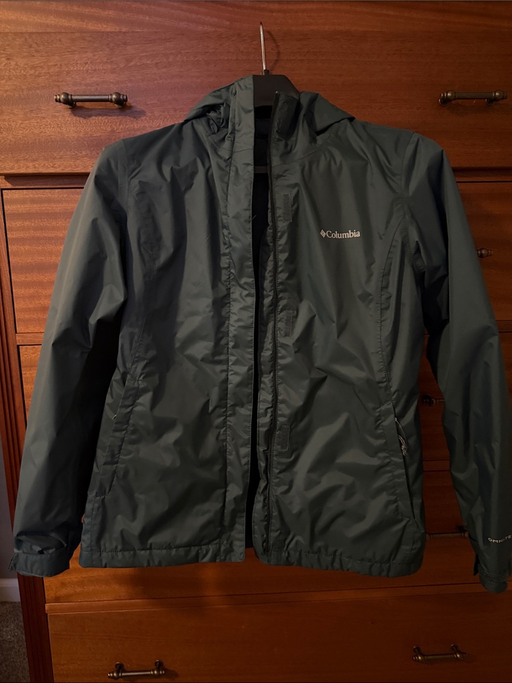 Columbia woman’s charcoal, blue Waterproof Rain Jacket